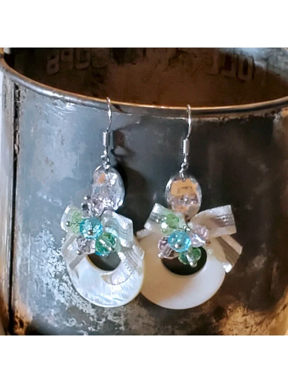 Handcrafted Retro Pearl Shell Czech Crystal White Satin Bows Dangle Earrings